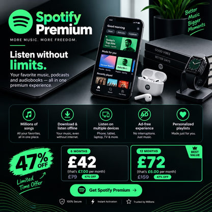 Spotify Premium UK – Save 46% | 6 & 12 Month Plans from £7/Month