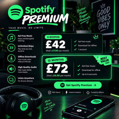 Spotify Premium UK – Save 46% | 6 & 12 Month Plans from £7/Month
